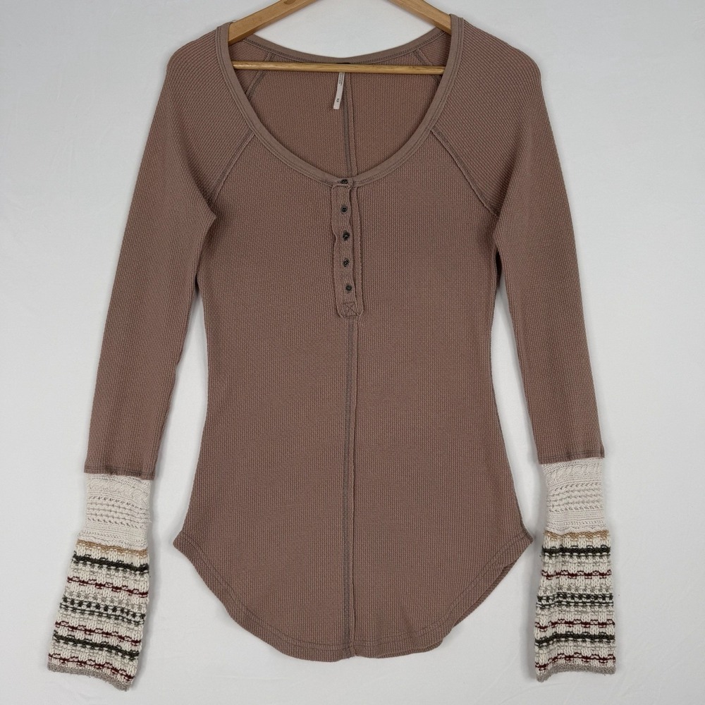 Free People Thermal Top Boho Cuff Detail Waffle Knit Long Sleeve Medium - Picture 2 of 14